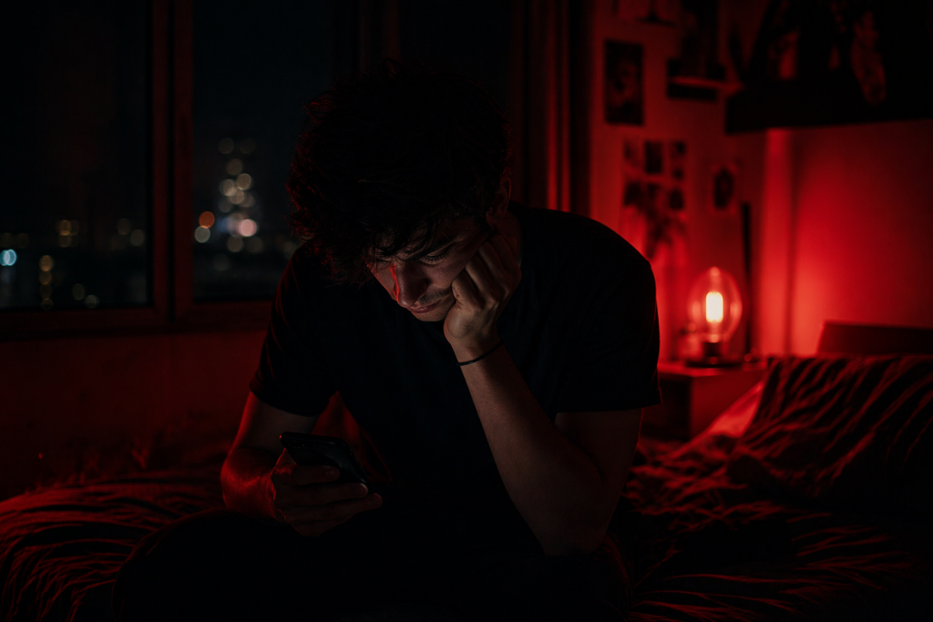 Persona mirando el celular en una habitación roja